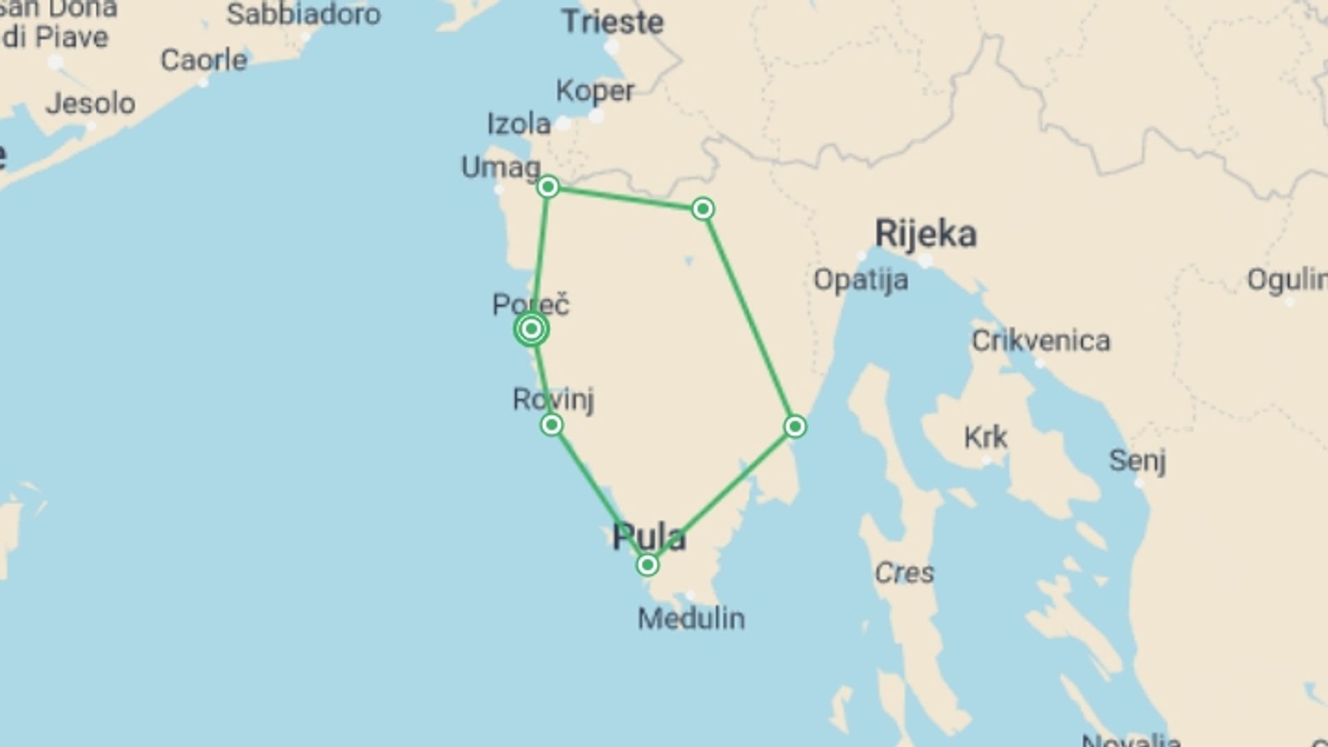 A map showing the tour itinerary for the trip: Istrian Cycle Explorer, starting in Porec, Croatia and ending in Porec, Croatia going through 5 other destinations.