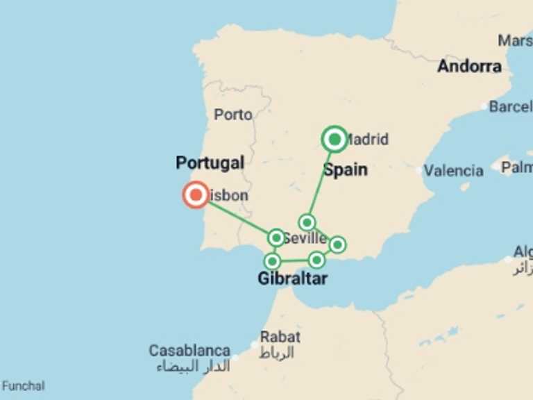 Map itinerary of Madrid Tour in Spring with 3 destination visits for the trip: Ultimate Andalusia, Ending in Lisbon