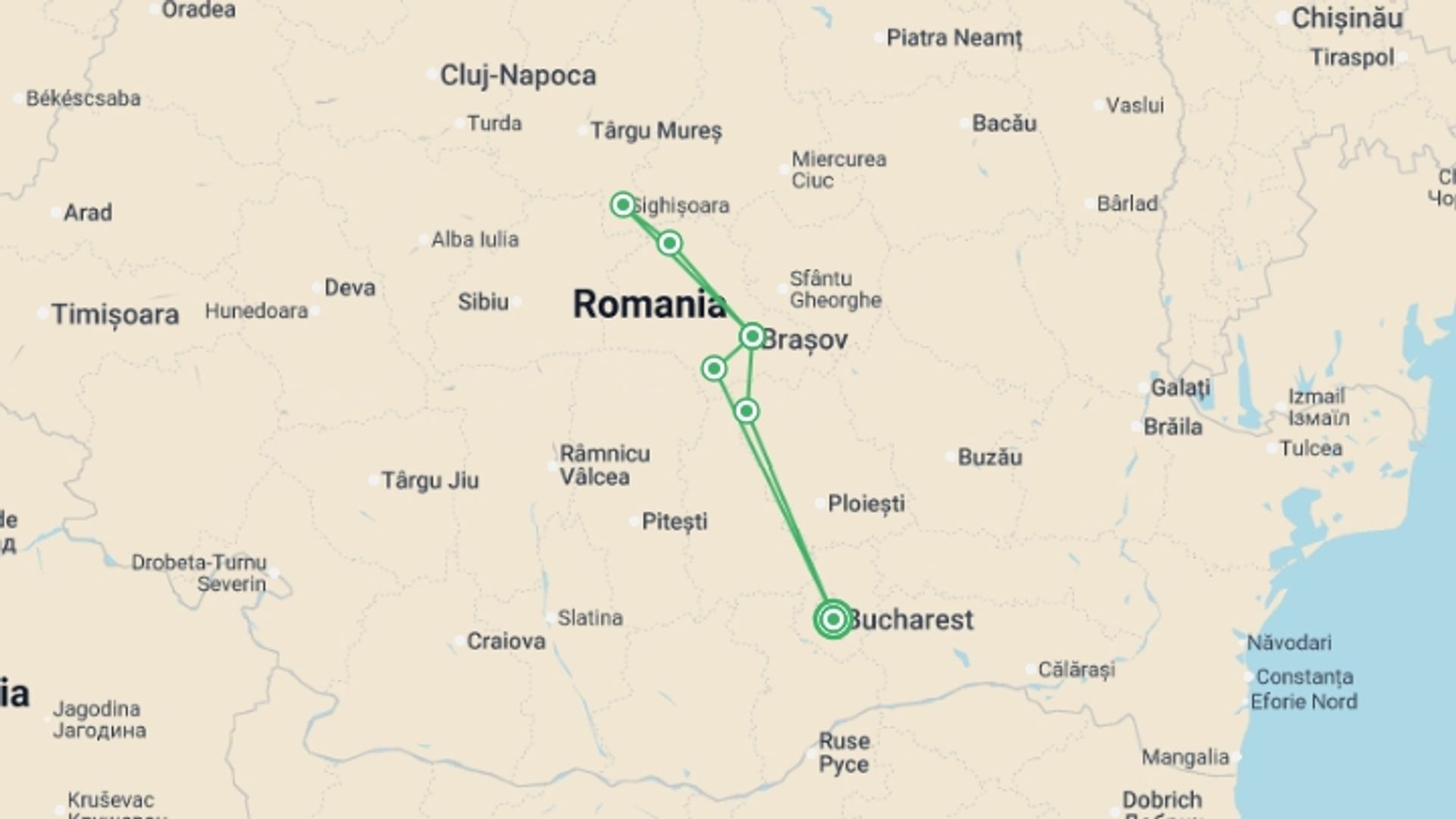 A map showing the tour itinerary for the trip: Best of Romania - 8 days, starting in Bucharest, Romania and ending in Bucharest, Romania going through 1 other destinations.