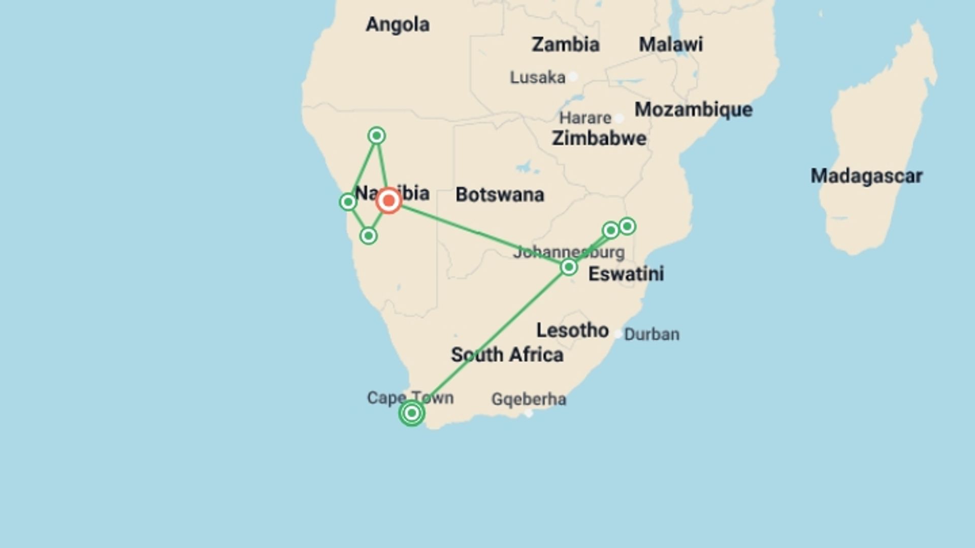 A map showing the tour itinerary for the trip: Journeys: Cape Town, Kruger & Namibia, starting in Cape Town, South Africa and ending in Windhoek, Namibia going through 6 other destinations.