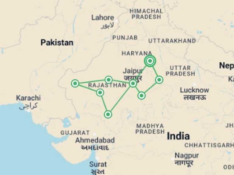 Map itinerary of India Tour in September 2027 with 9 destination visits for the trip: Enchanting Trip to India