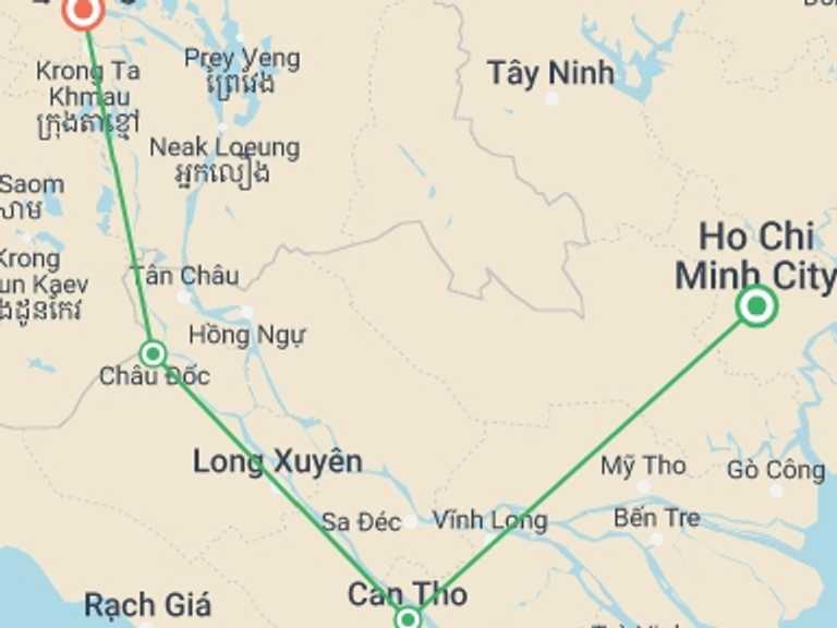 Map itinerary of Ho Chi Minh City Tour in Winter with 5 destination visits for the trip: Discover The Mekong Delta