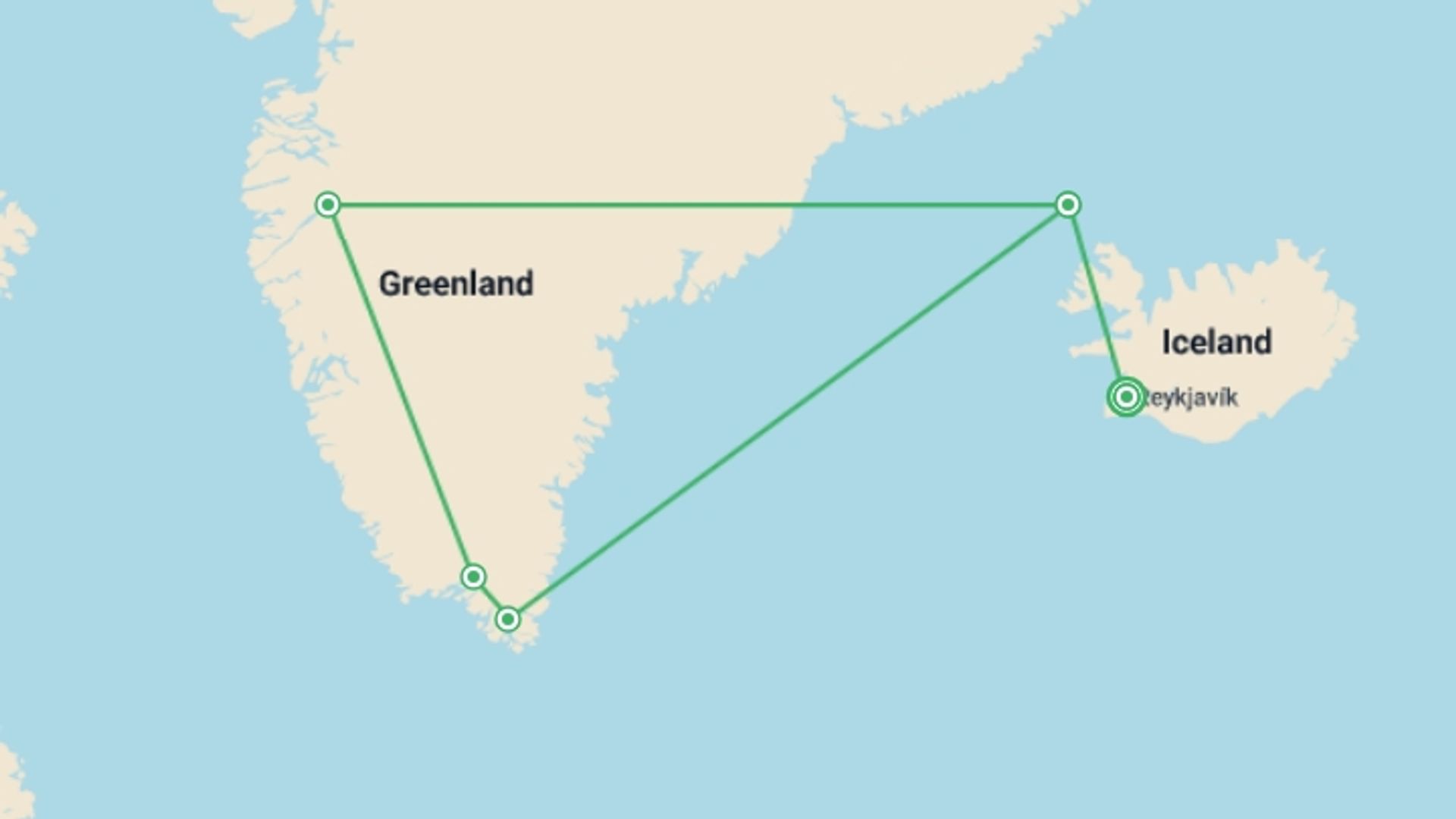 A map showing the tour itinerary for the trip: South Greenland Adventure: The Majestic Alpine Arctic (Ultramarine), starting in Reykjavik, Iceland and ending in Reykjavik, Iceland going through 5 other destinations.