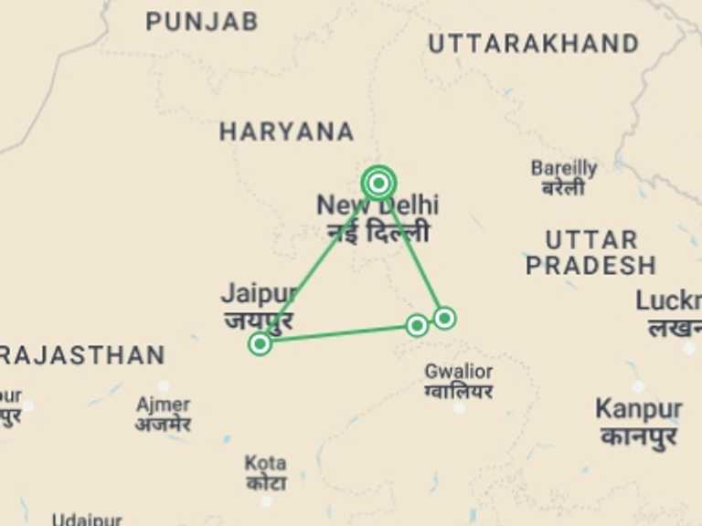 Map itinerary of India Tour in September 2027 with 4 destination visits for the trip: 5 Days Golden Triangle: Delhi, Agra, and Jaipur 