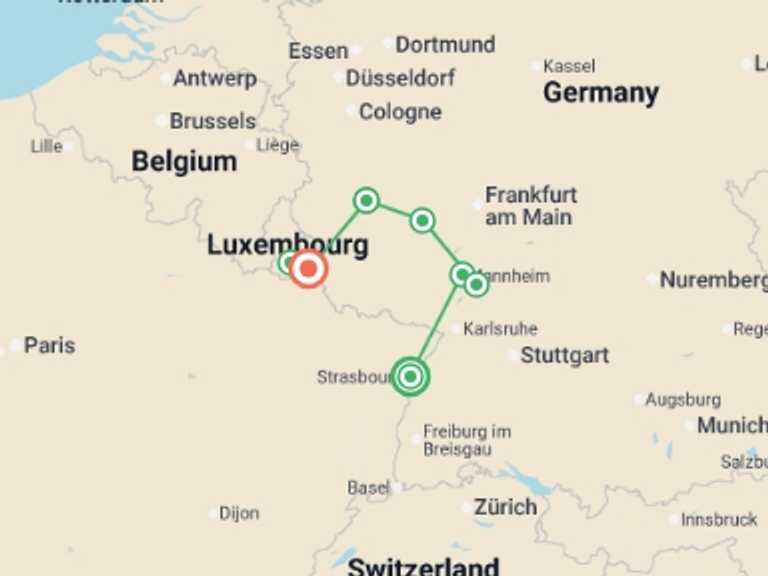 Map of Europe Tour with 5 destination visits for the trip: 4 Rivers: The Neckar, Romantic Rhine, Moselle, and Sarre Valleys (port-to-port cruise)