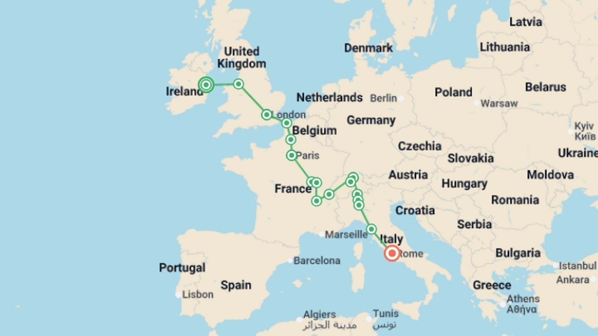 A map showing the tour itinerary for the trip: Crossing Europe end Rome, starting in Dublin, Ireland and ending in Rome, Italy going through 6 other destinations.
