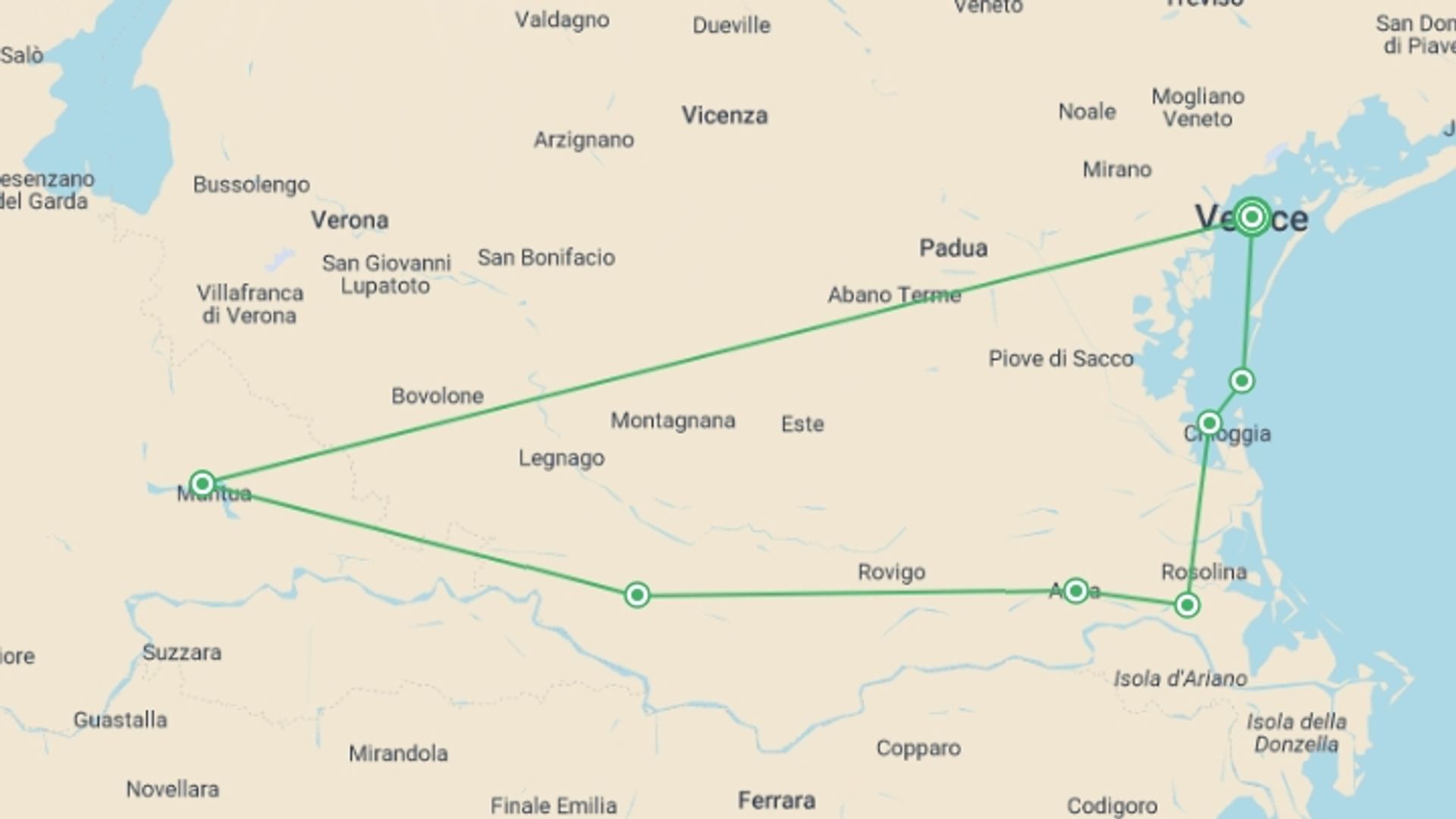 A map showing the tour itinerary for the trip: Veneto Bike & Boat, starting in Venice, Italy and ending in Venice, Italy going through 1 other destinations.