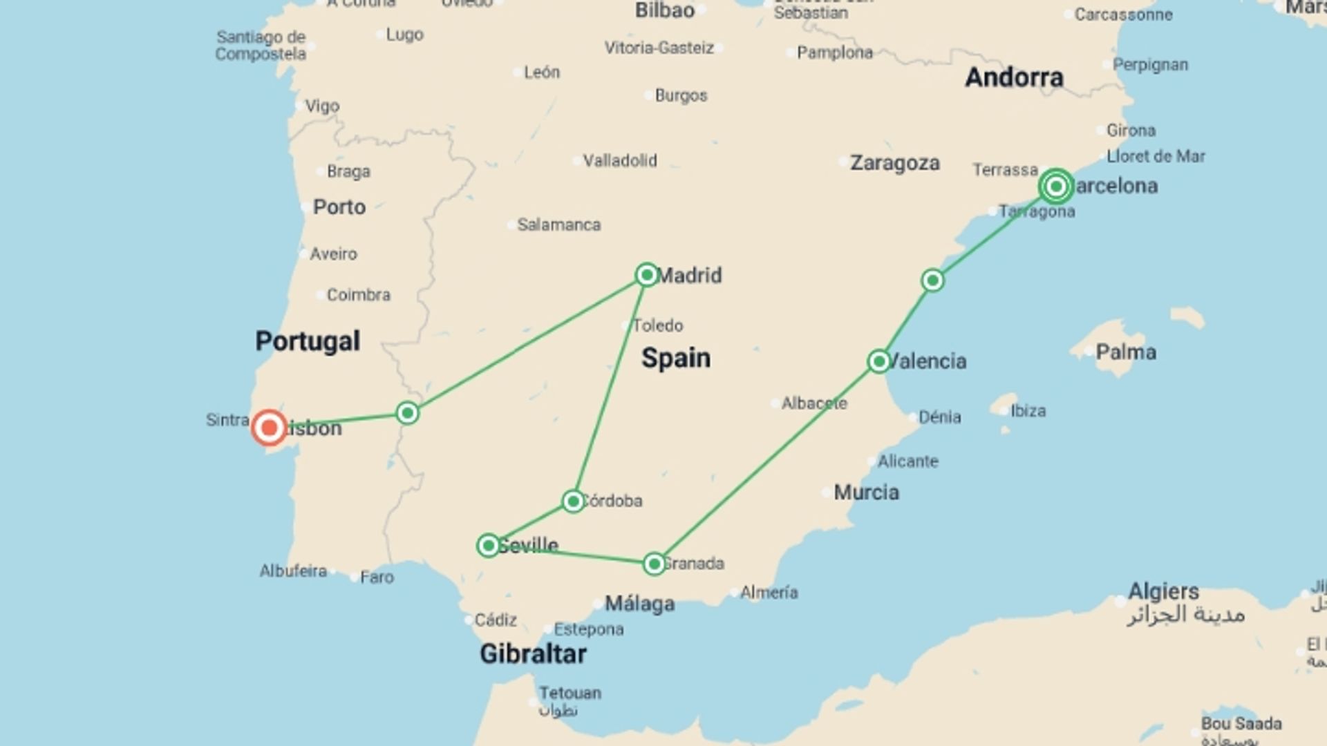 A map showing the tour itinerary for the trip: Spain's Classics & Portugal , starting in Barcelona, Spain and ending in Lisbon, Portugal going through 5 other destinations.