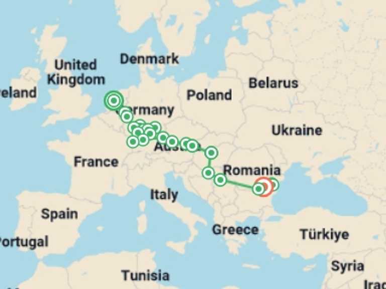 Map itinerary of Europe Tour in April 2027 with 22 destination visits for the trip: From Amsterdam to the Iron Gates, experience it all on a European river cruise (port-to-port cruise)