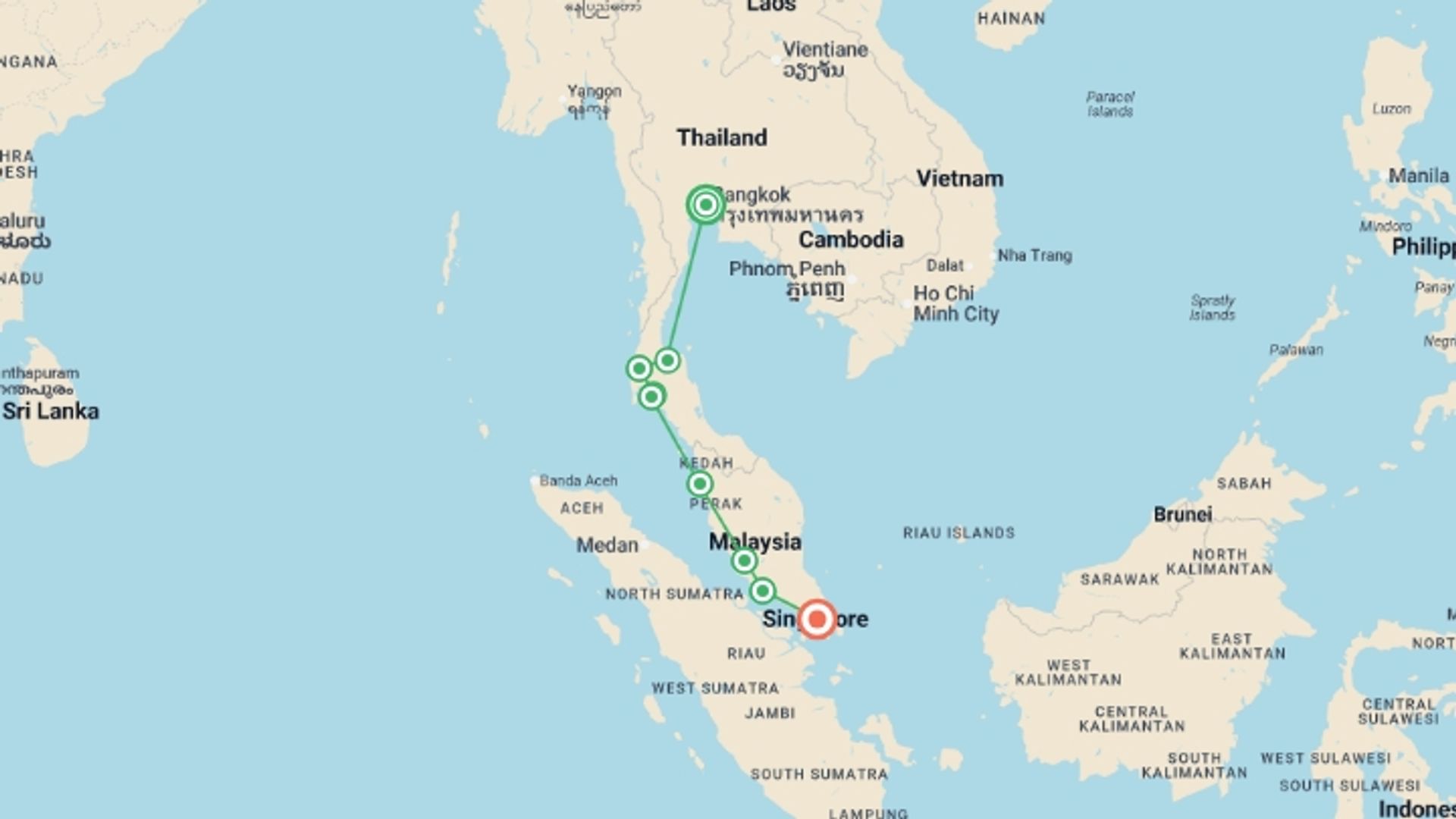 A map showing the tour itinerary for the trip: Bangkok to Singapore, starting in Bangkok, Thailand and ending in Singapore, Singapore going through 7 other destinations.
