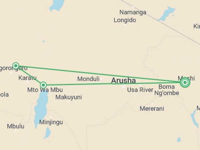 Map of Ngorongoro Crater Tour with 4 destination visits for the trip: 3 Days Safari - Manyara, Ngorongoro and Tarangire
