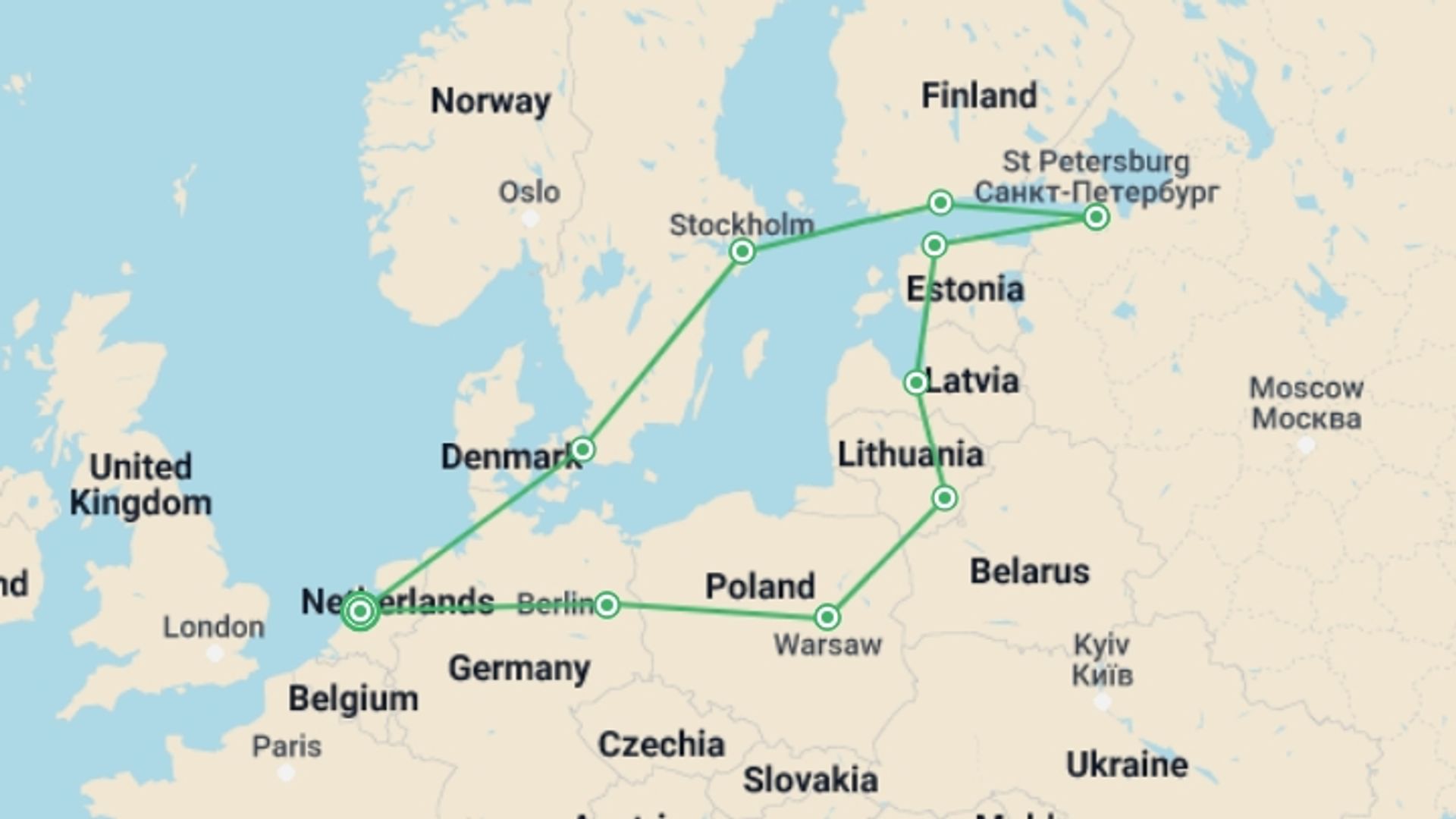 A map showing the tour itinerary for the trip: Northern Explorer, starting in Amsterdam, Holland and ending in Amsterdam, Holland going through 9 other destinations.