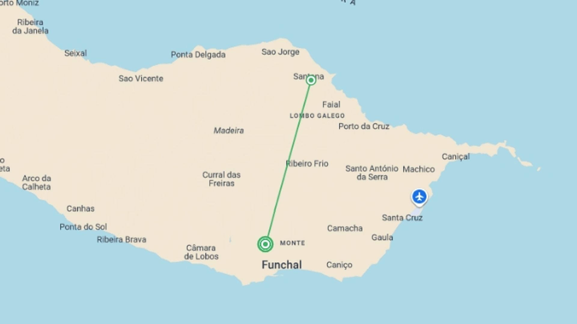 A map showing the tour itinerary for the trip: Family Madeira Adventure, starting in Funchal, Portugal and ending in Funchal, Portugal going through 1 other destinations.