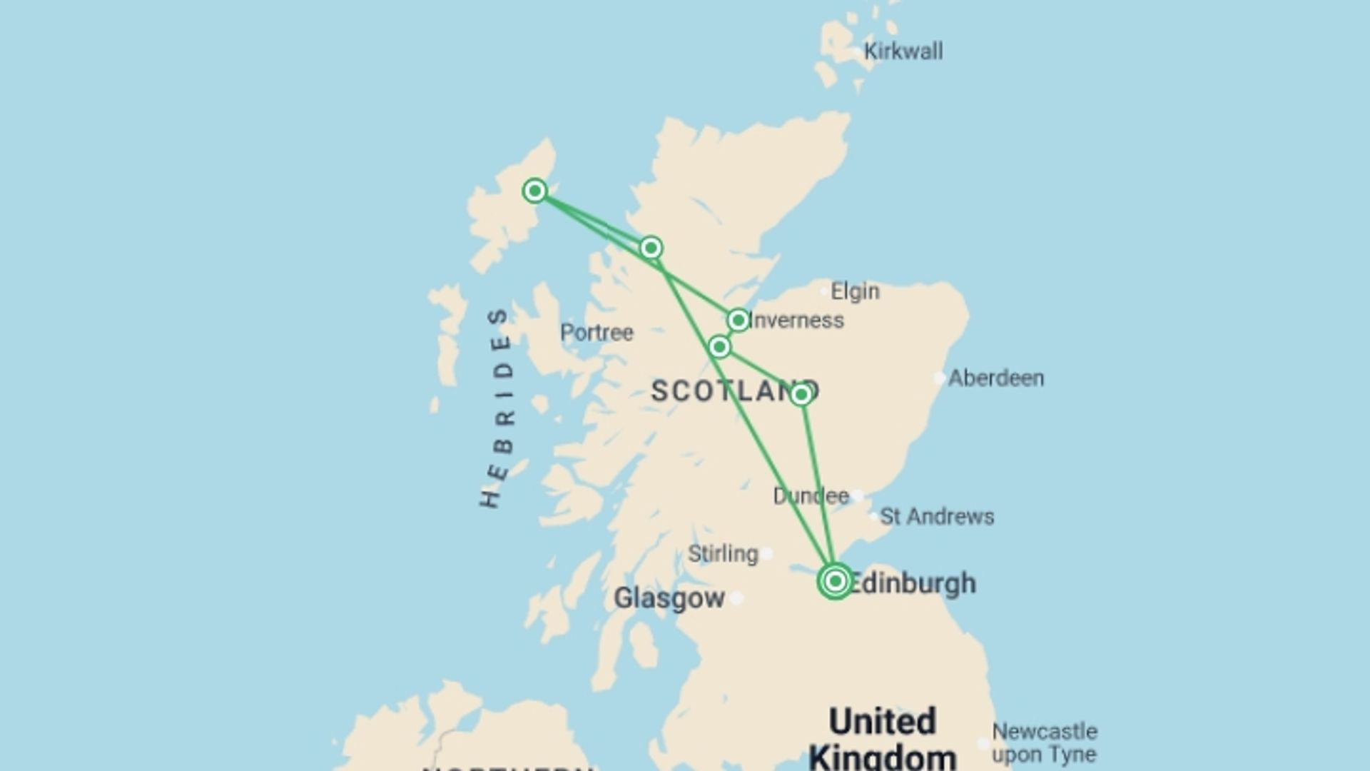 A map showing the tour itinerary for the trip: Edinburgh, Hebrides & Highlands (Hotel) - 5 days, starting in Edinburgh, Scotland and ending in Edinburgh, Scotland going through 2 other destinations.