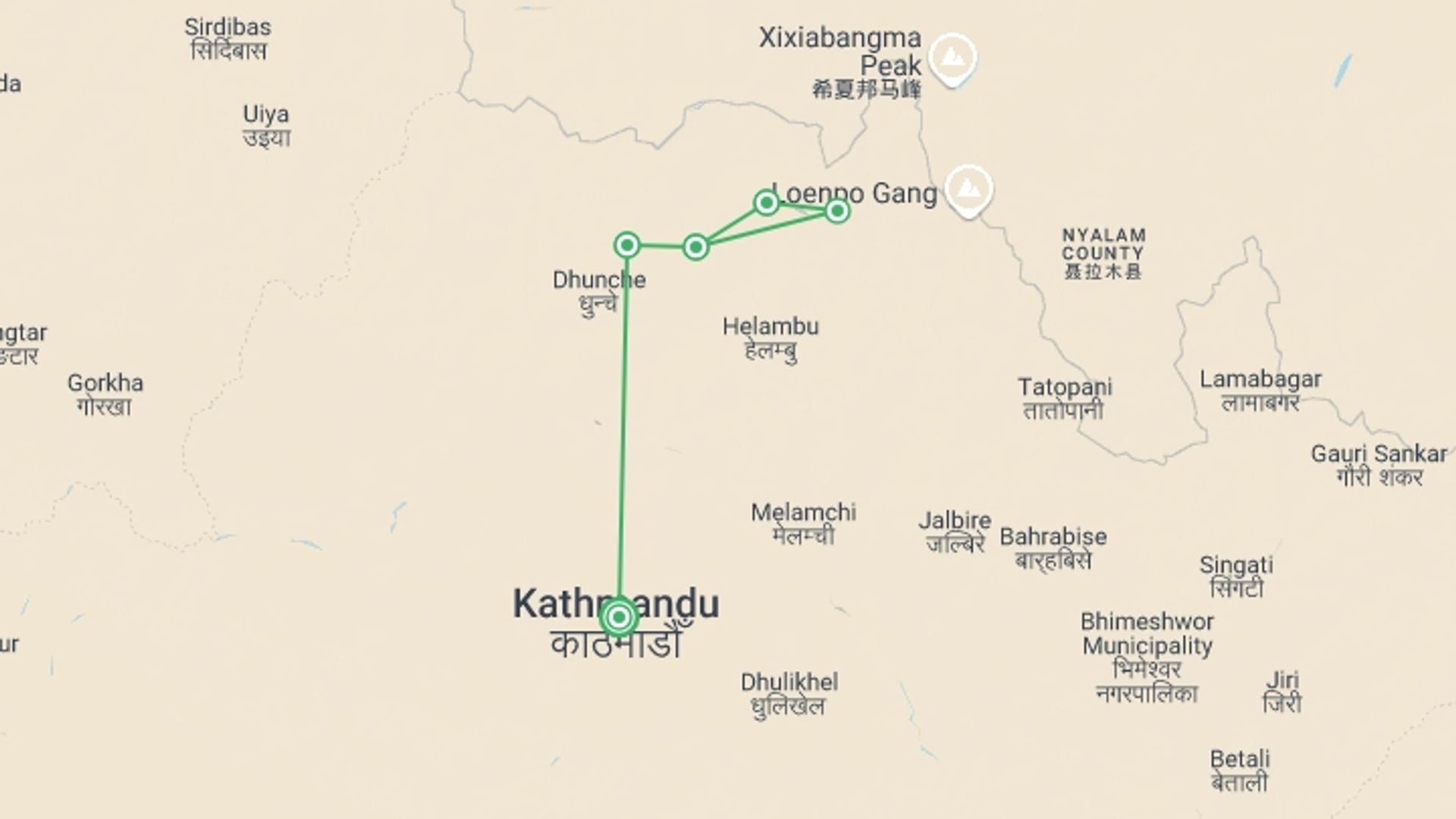 A map showing the tour itinerary for the trip: Langtang Valley Trek, starting in Kathmandu, Nepal and ending in Kathmandu, Nepal going through 2 other destinations.