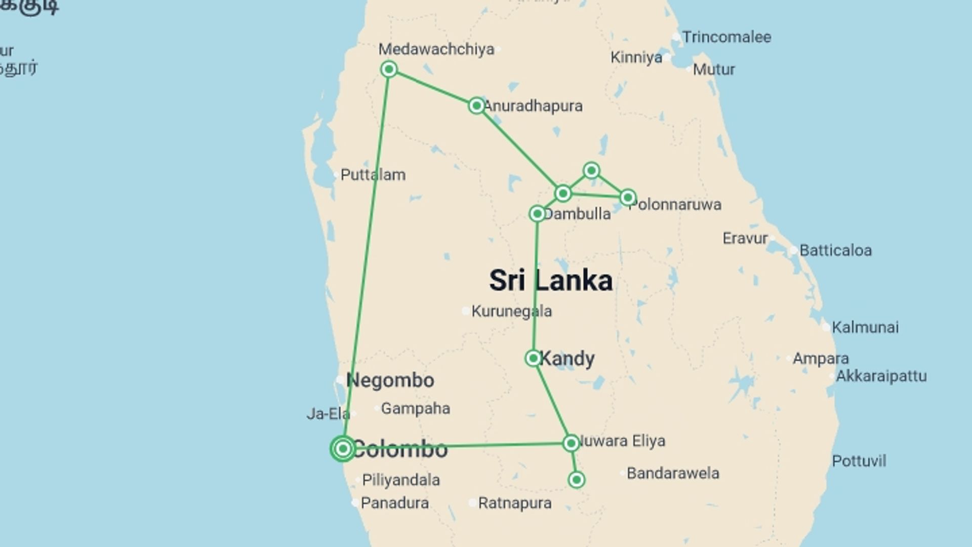 A map showing the tour itinerary for the trip: Splendours of Ceylon (5 & 4 Star Hotels), starting in Colombo, Sri Lanka and ending in Colombo, Sri Lanka going through 3 other destinations.