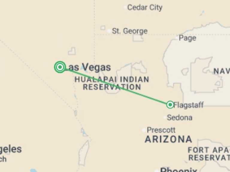 Map itinerary of USA Tour in August 2026 with 2 destination visits for the trip: Special Las Vegas with Grand Canyon