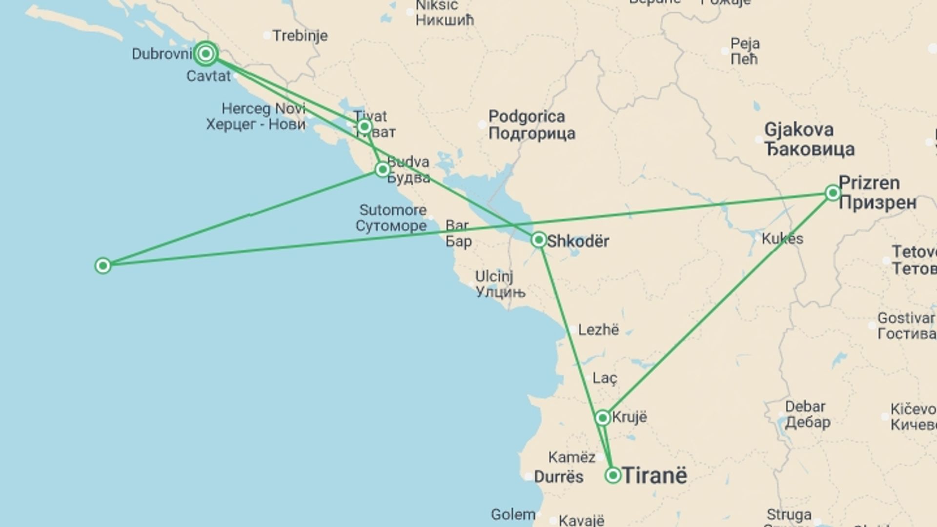A map showing the tour itinerary for the trip: Dubrovnik to Montenegro, Kosovo & Albania - 5 days, starting in Dubrovnik, Croatia and ending in Dubrovnik, Croatia going through 4 other destinations.
