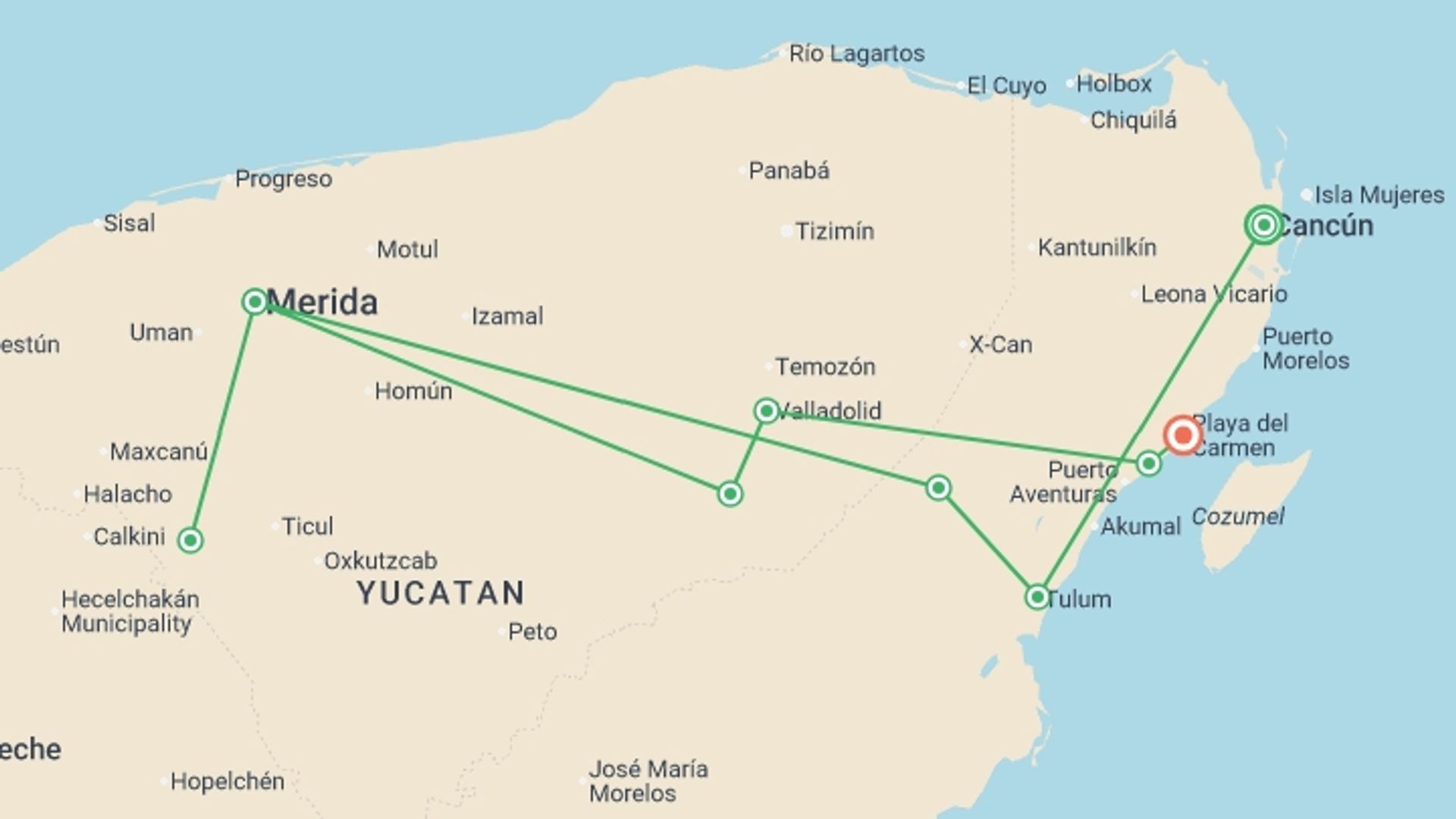 A map showing the tour itinerary for the trip: Jewels Of Mexico, French-speaking Guide, starting in Cancún, Mexico and ending in Playa Del Carmen, Mexico going through 3 other destinations.