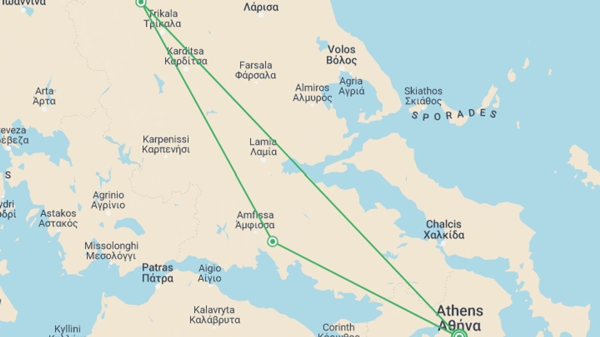 A map showing the tour itinerary for the trip: Dreaming Of Classical Greece, starting in Athens, Greece and ending in Athens, Greece going through 1 other destinations.