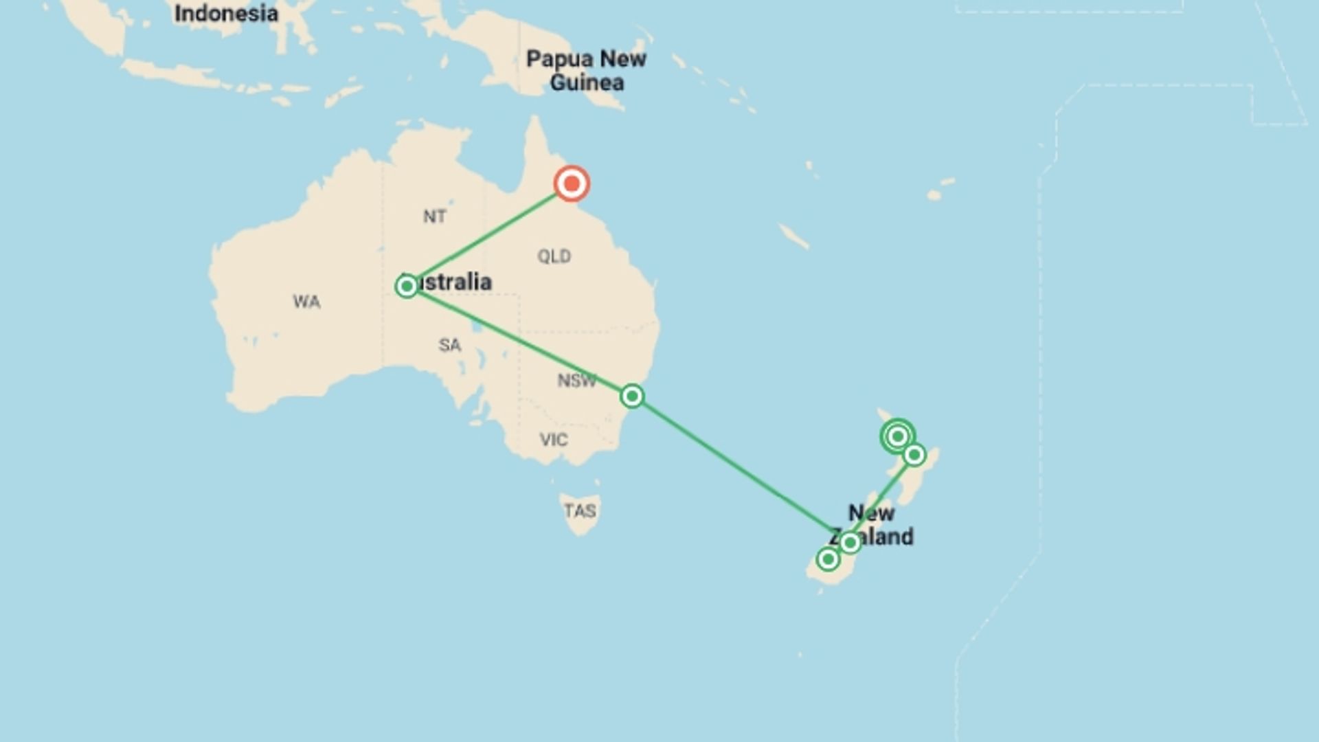 A map showing the tour itinerary for the trip: Bucket List New Zealand and Australia, starting in Auckland, New Zealand and ending in Cairns, Australia going through 5 other destinations.