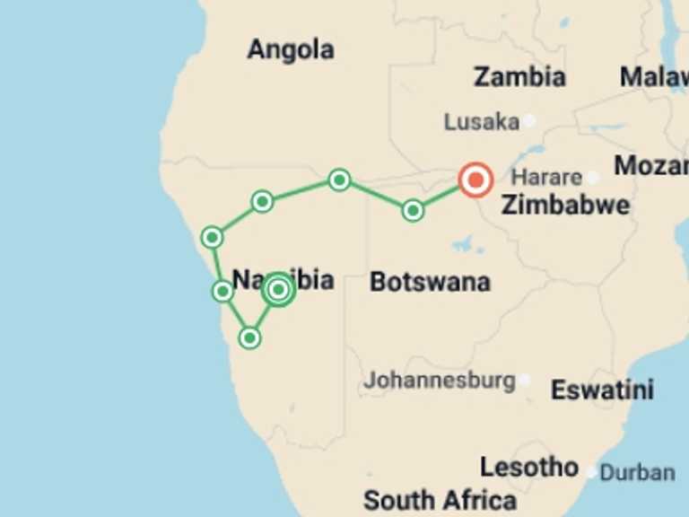 Map itinerary of Victoria Falls Tour in Fall with 8 destination visits for the trip: Namibia, Botswana and Falls - 14 days