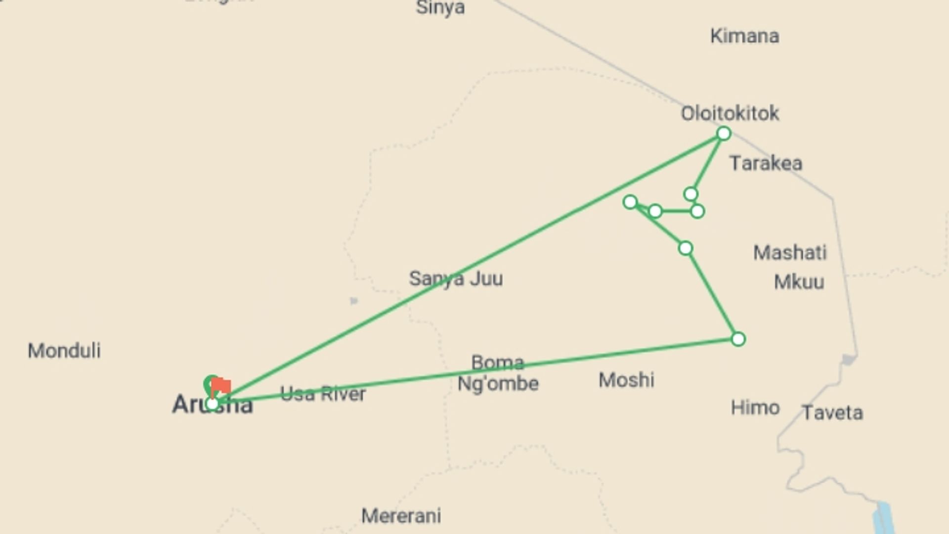 A map showing the tour itinerary for the trip: 8-Day Tanzania Holiday Kilimanjaro Climbing Rongai Route, starting in Arusha, Tanzania and ending in Arusha, Tanzania going through 8 other destinations.