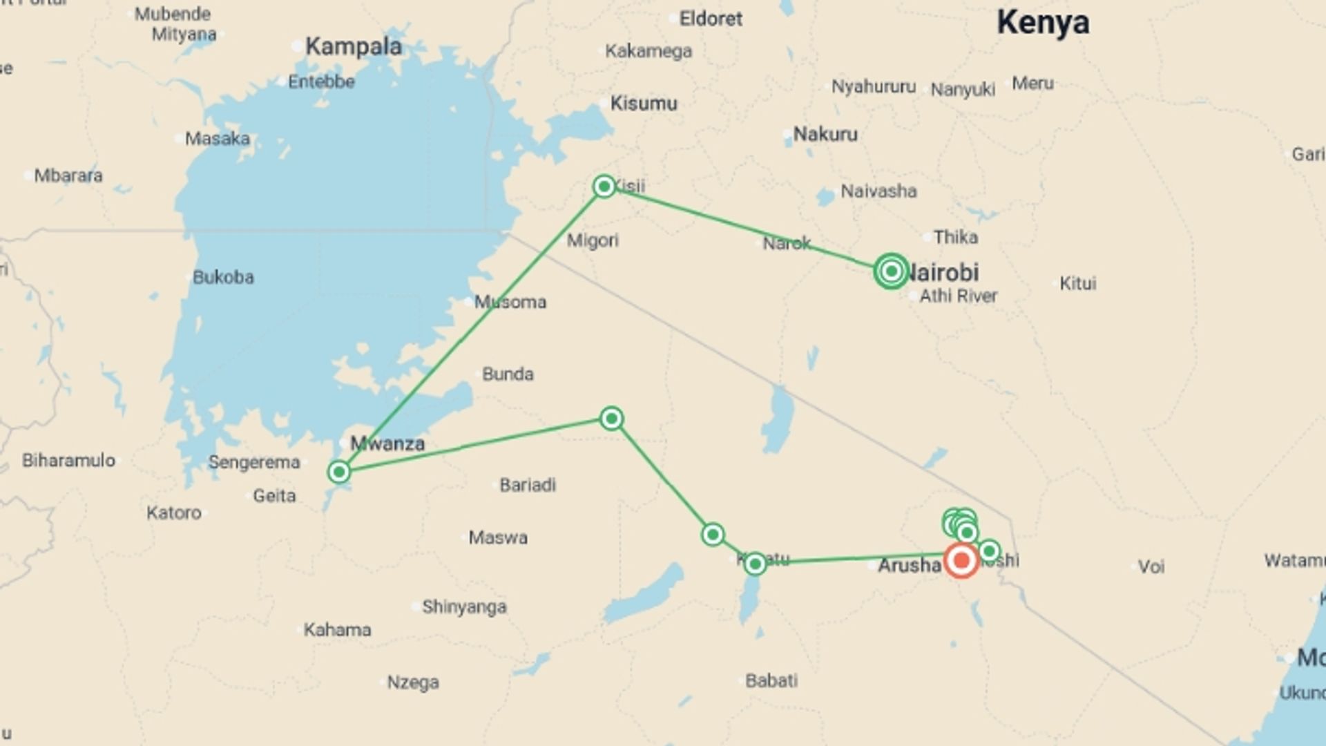 A map showing the tour itinerary for the trip: Safari to Kilimanjaro - Machame Route, starting in Nairobi, Kenya and ending in Moshi, Tanzania going through 13 other destinations.