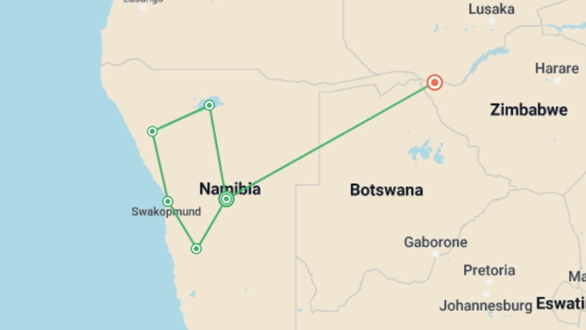 A map showing the tour itinerary for the trip: Journeys: Discover Namibia & Victoria Falls, starting in Windhoek, Namibia and ending in Victoria Falls, Zimbabwe going through 4 other destinations.