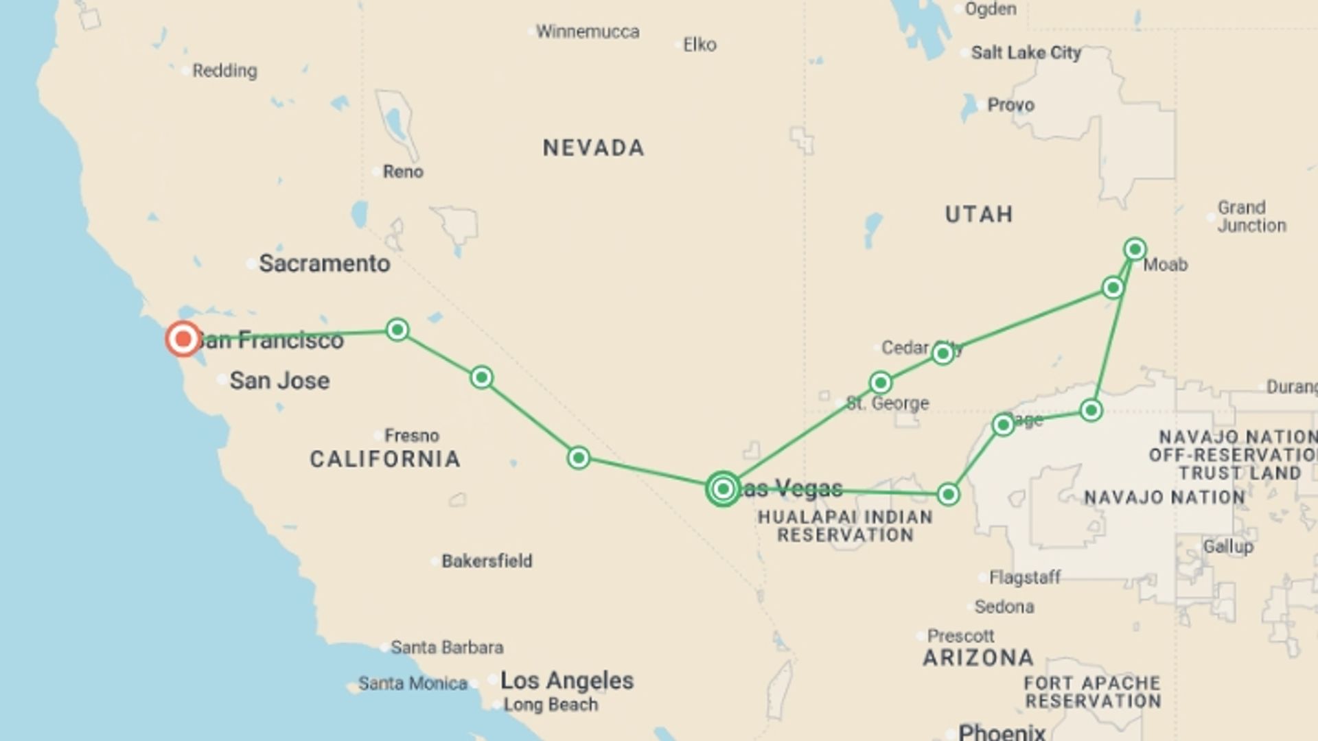 A map showing the tour itinerary for the trip: Wild West Encompassed - 11 days, starting in undefined, USA and ending in undefined, USA going through 1 other destinations.