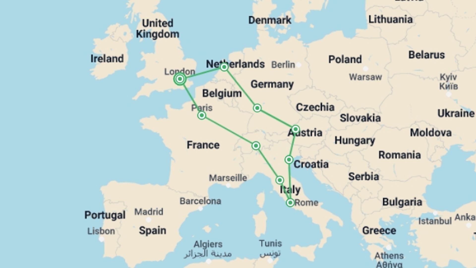 A map showing the tour itinerary for the trip: Play & Pause: Central Europe Highlights (Winter), starting in London, England and ending in London, England going through 8 other destinations.