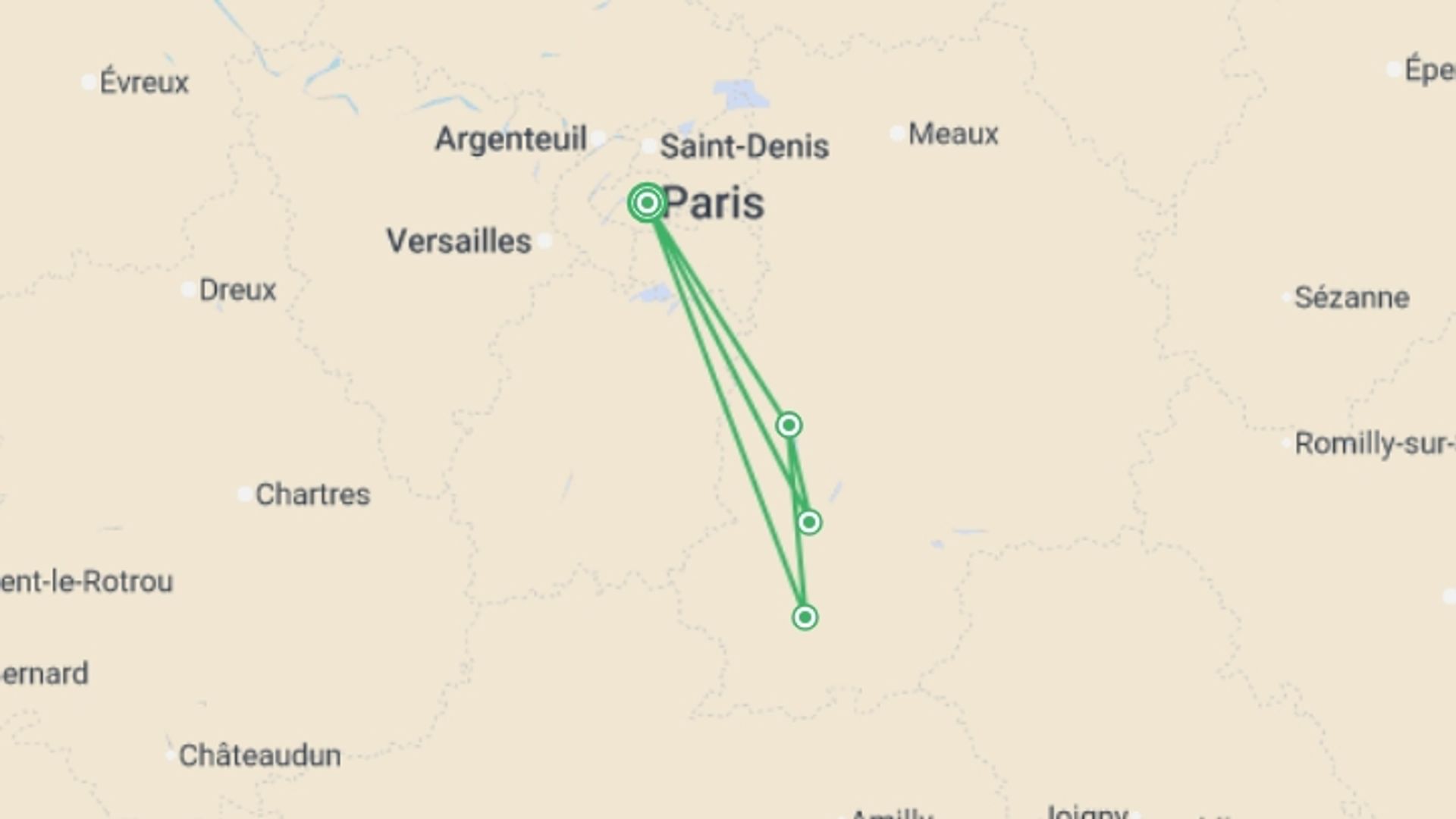 A map showing the tour itinerary for the trip: Paris and the Seine Valley Bike and Barge, starting in Paris, France and ending in Paris, France going through 3 other destinations.
