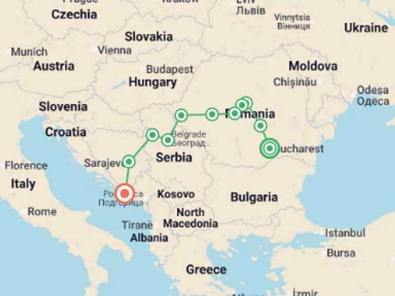 Map itinerary of Europe Tour in Fall with 6 destination visits for the trip: Balkan Peninsula