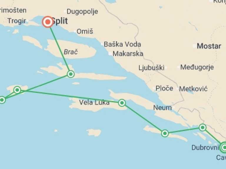 Map of 8-Day Split Tour with 7 destination visits for the trip: Adriatic Wonders From Dubrovnik