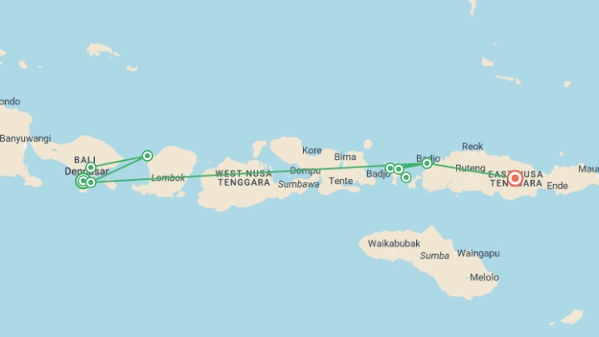 A map showing the tour itinerary for the trip: Indonesia Island Hopping, starting in Seminyak , Indonesia and ending in Flores Island, Indonesia going through 7 other destinations.