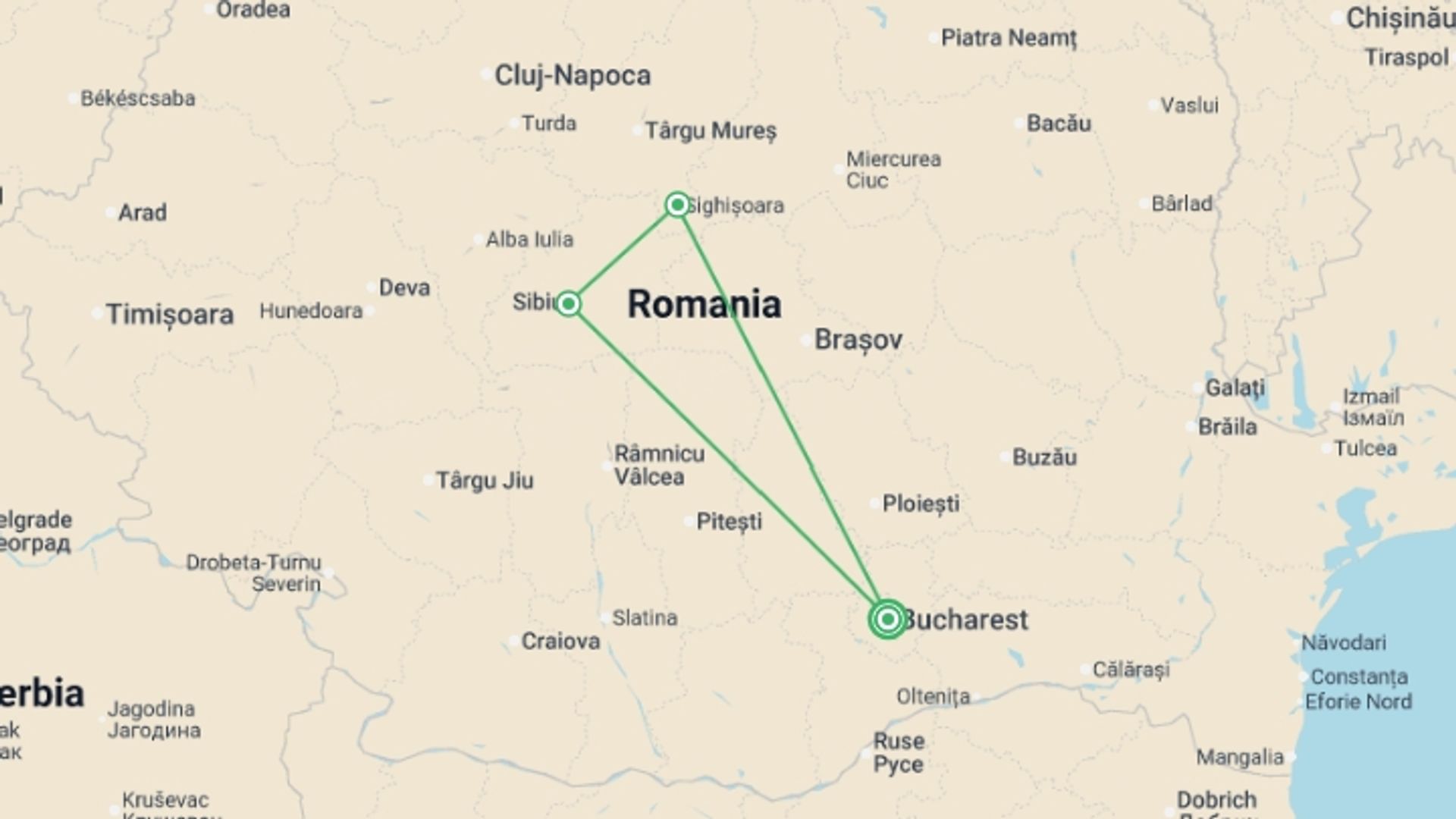 A map showing the tour itinerary for the trip: The Heart of Romania, starting in Bucharest, Romania and ending in Bucharest, Romania going through 2 other destinations.