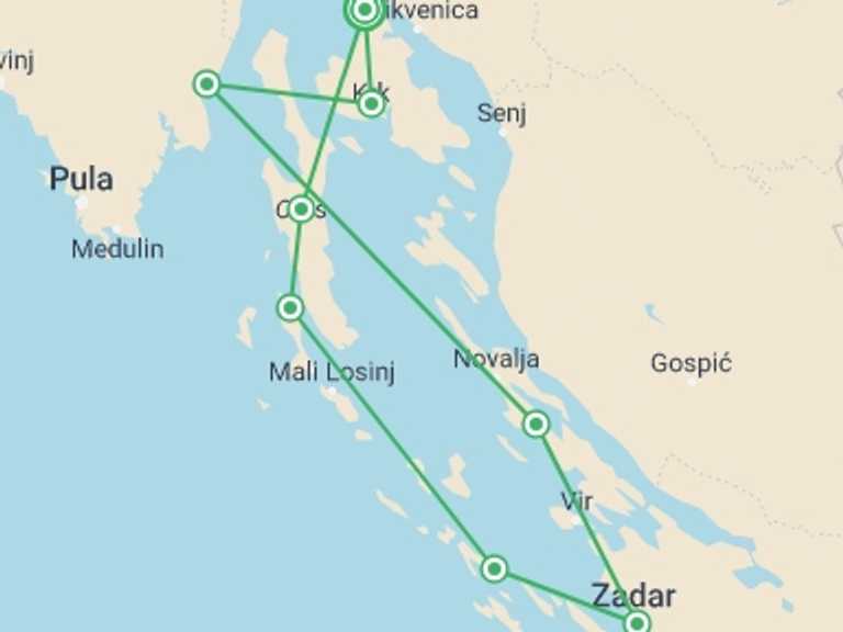 Map of Croatia Sailing, yachting and motor boating Tour with 7 destination visits for the trip: Kvarner Bay Bike & Boat - Deluxe
