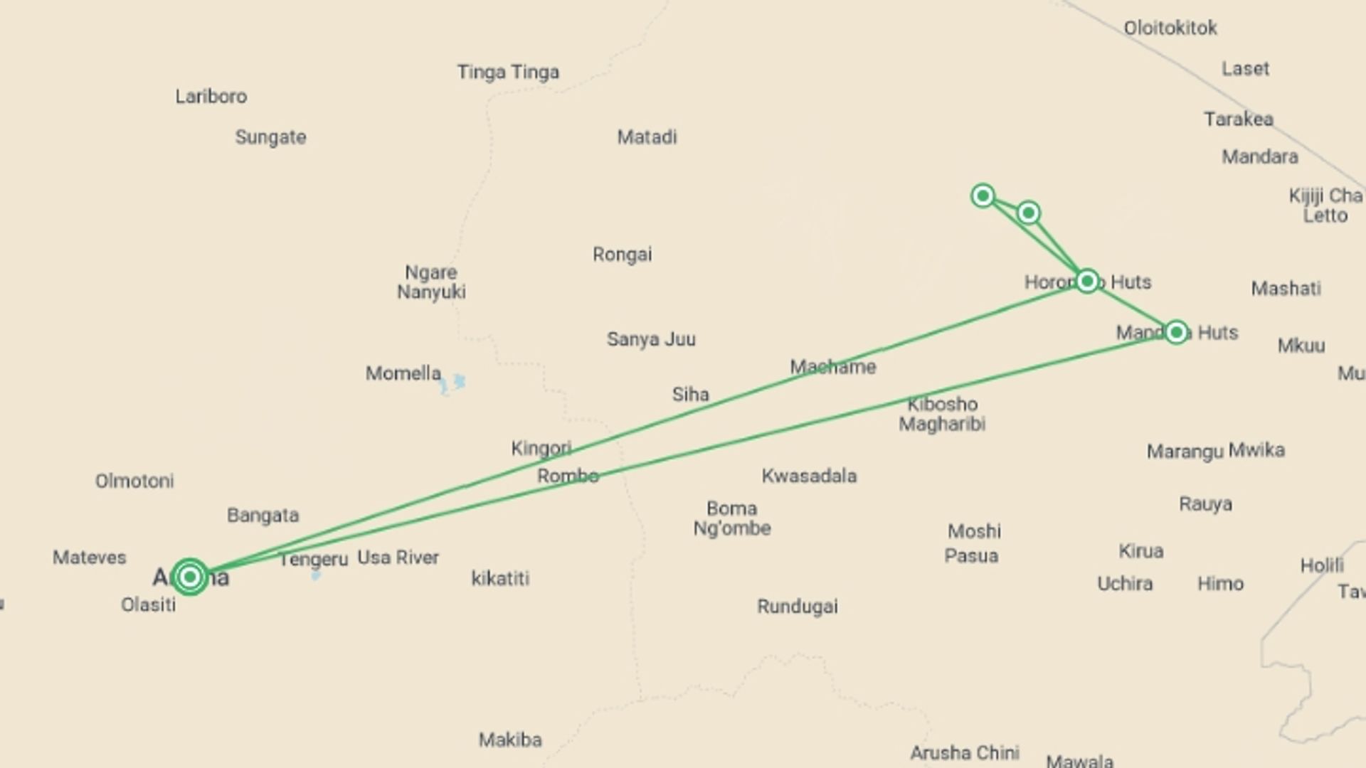 A map showing the tour itinerary for the trip: Kilimanjaro - marangu route, starting in Arusha, Tanzania and ending in Arusha, Tanzania going through 5 other destinations.