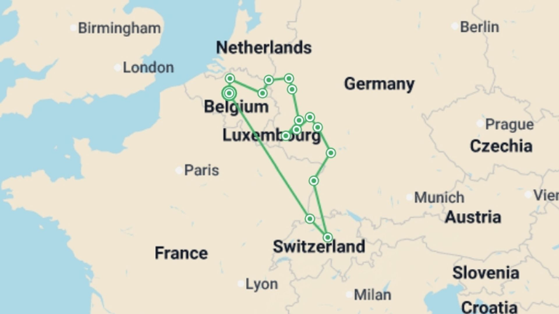 A map showing the tour itinerary for the trip: Rhine, Moselle & Belgium Grand Discovery (2027), starting in Brussels, Belgium and ending in Brussels, Belgium going through 14 other destinations.