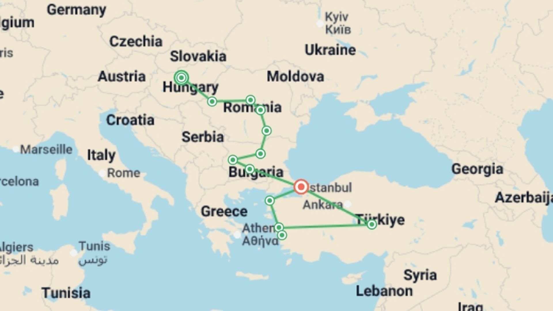A map showing the tour itinerary for the trip: Highlights of Eastern Europe & Turkey, starting in Budapest, Hungary and ending in Istanbul, Turkey going through 11 other destinations.