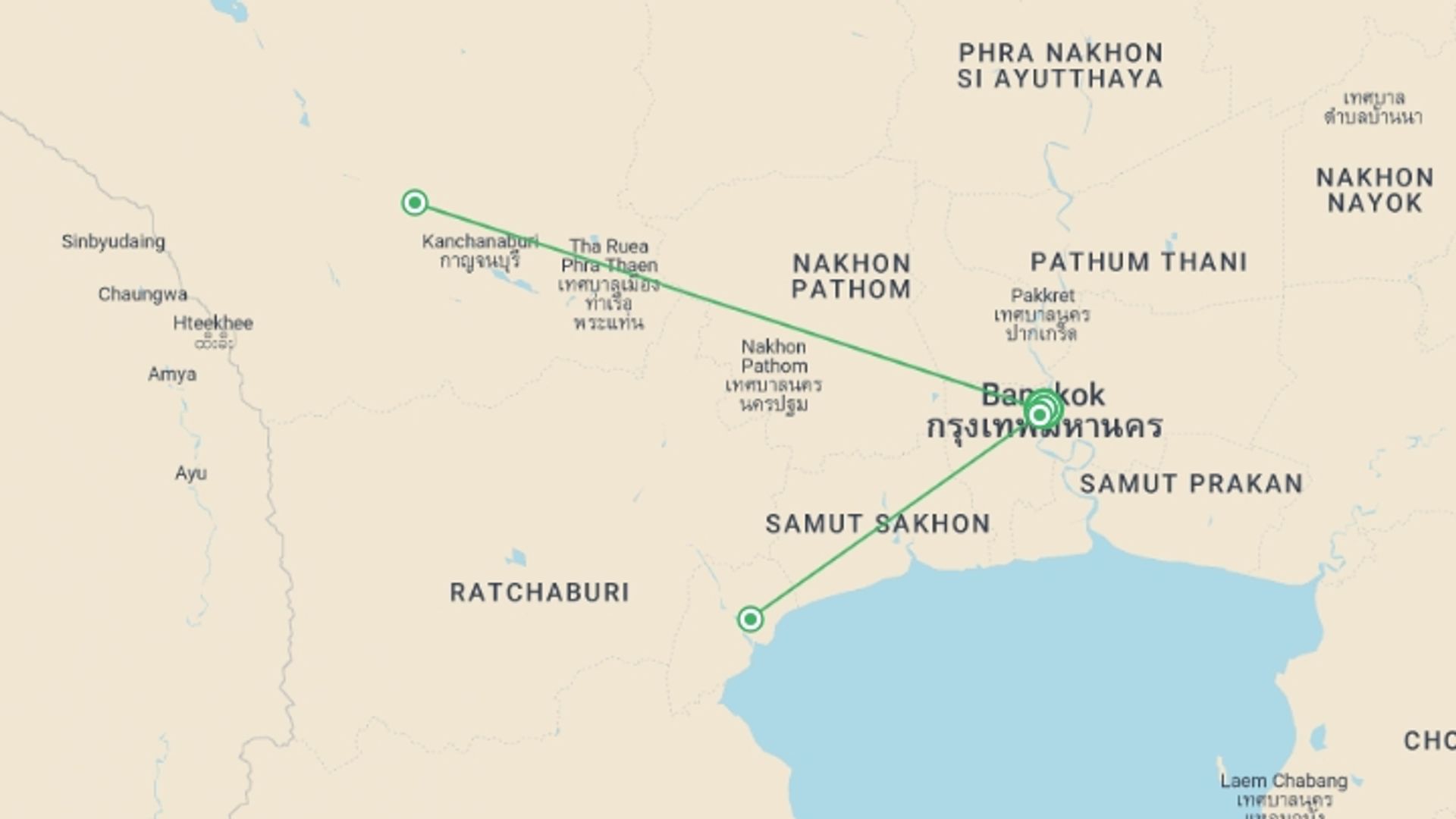 A map showing the tour itinerary for the trip: Must See Bangkok, City Break, Small Group Tour, starting in Bangkok, Thailand and ending in Bangkok, Thailand going through 0 other destinations.