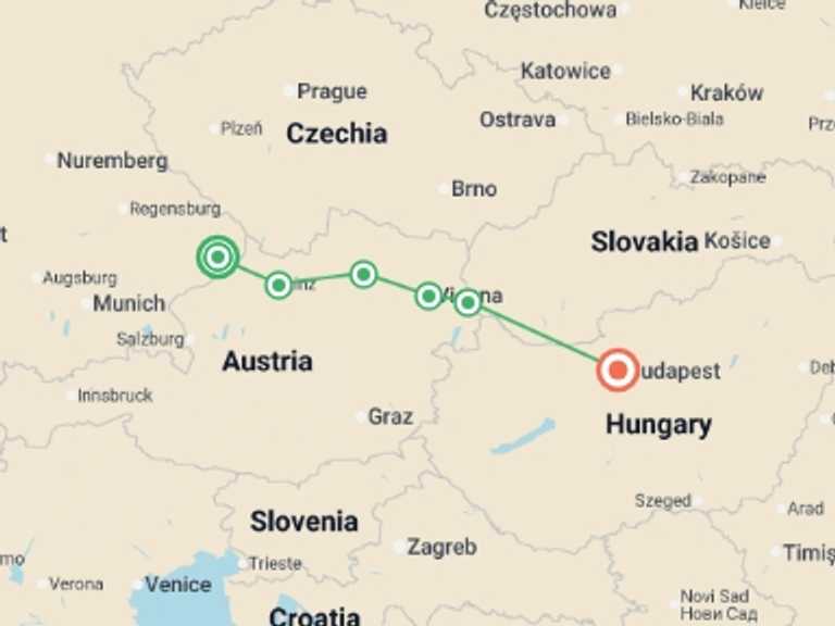Map itinerary of Europe Tour in April 2027 with 6 destination visits for the trip: Enchanting Danube (2027)