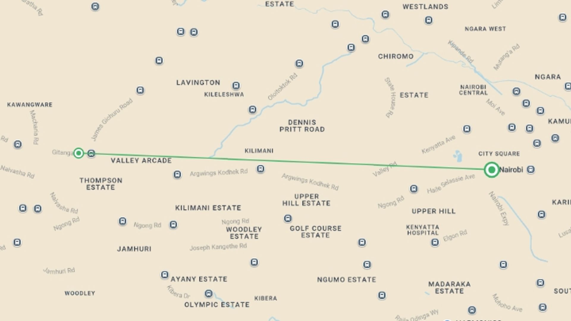 A map showing the tour itinerary for the trip: 2 Days Amboseli Safari, starting in Nairobi, Kenya and ending in Nairobi, Kenya going through 2 other destinations.