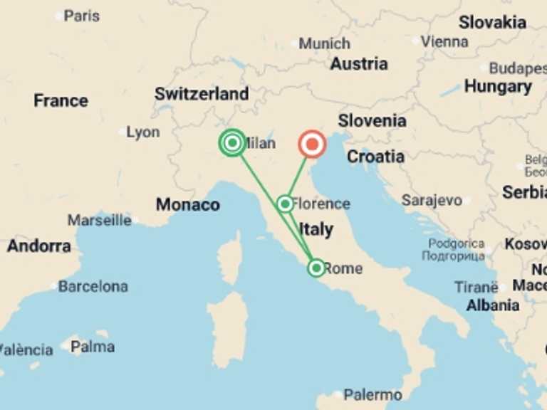 Map itinerary of Europe Tour in January 2027 with 4 destination visits for the trip: Italian Essentials