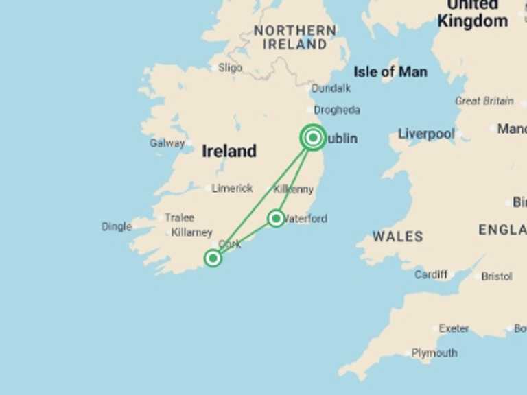 Map of Ireland Sightseeing Tour with 3 destination visits for the trip: Ireland's Ancient South - 5 days