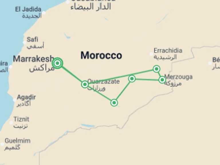 Map of Mediterranean Tour with 5 destination visits for the trip: Atlas Mountains - Tracks Of The Nomads, Spanish-speaking Guide