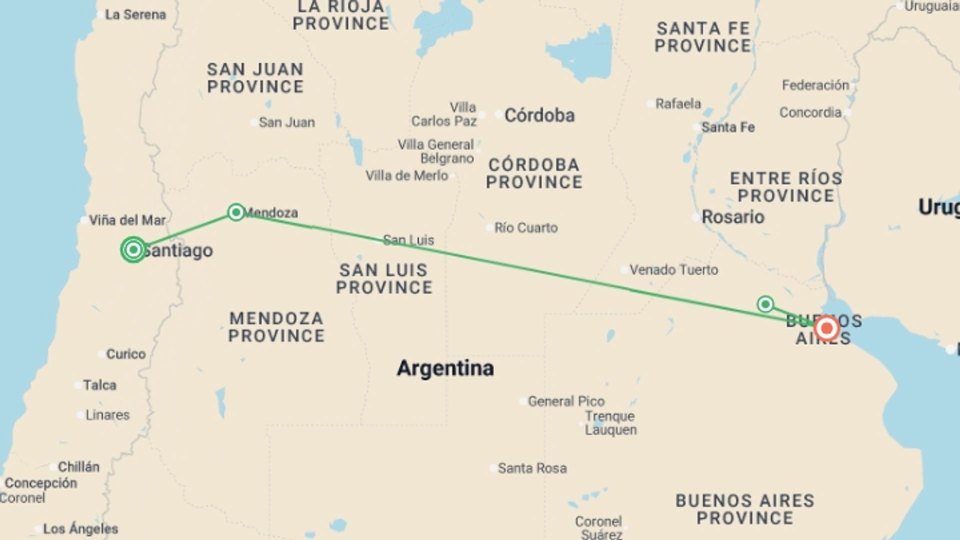 A map showing the tour itinerary for the trip: Essential South America featuring Chile, the Mendoza Wine Region & Buenos Aires, starting in Santiago, Chile and ending in Buenos Aires, Argentina going through 1 other destinations.