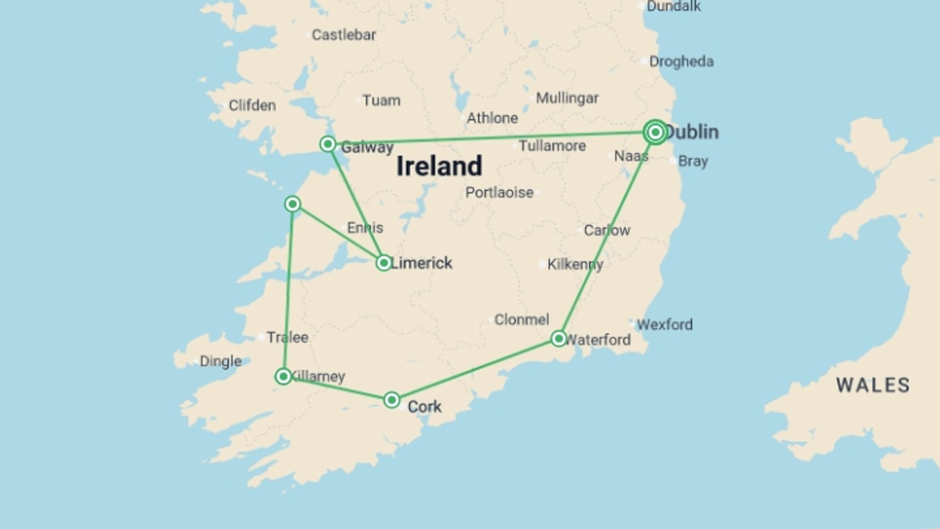 A map showing the tour itinerary for the trip: Irish Highlights - Signature, starting in Dublin, Ireland and ending in Dublin, Ireland going through 3 other destinations.