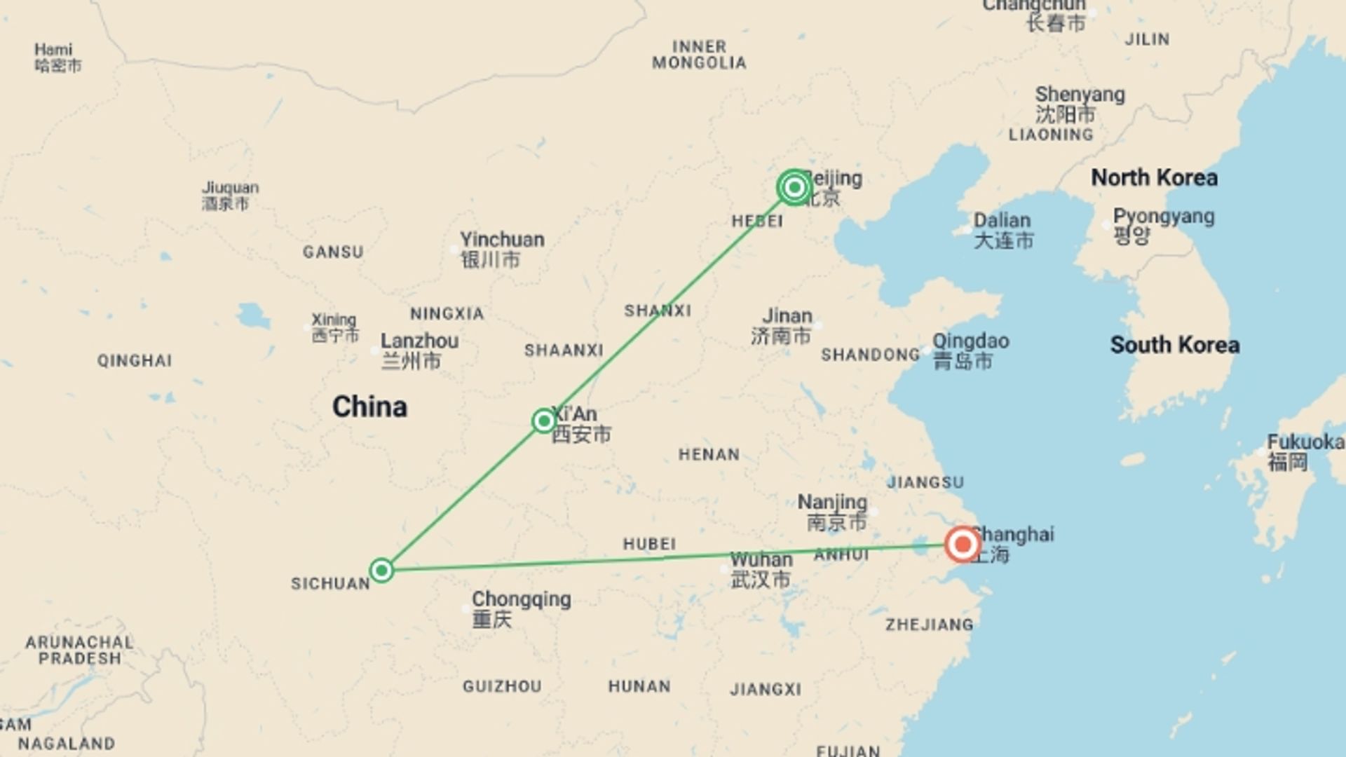 A map showing the tour itinerary for the trip: Totally China & Pandas - 11 days, starting in Beijing, China and ending in Shanghai, China going through 2 other destinations.