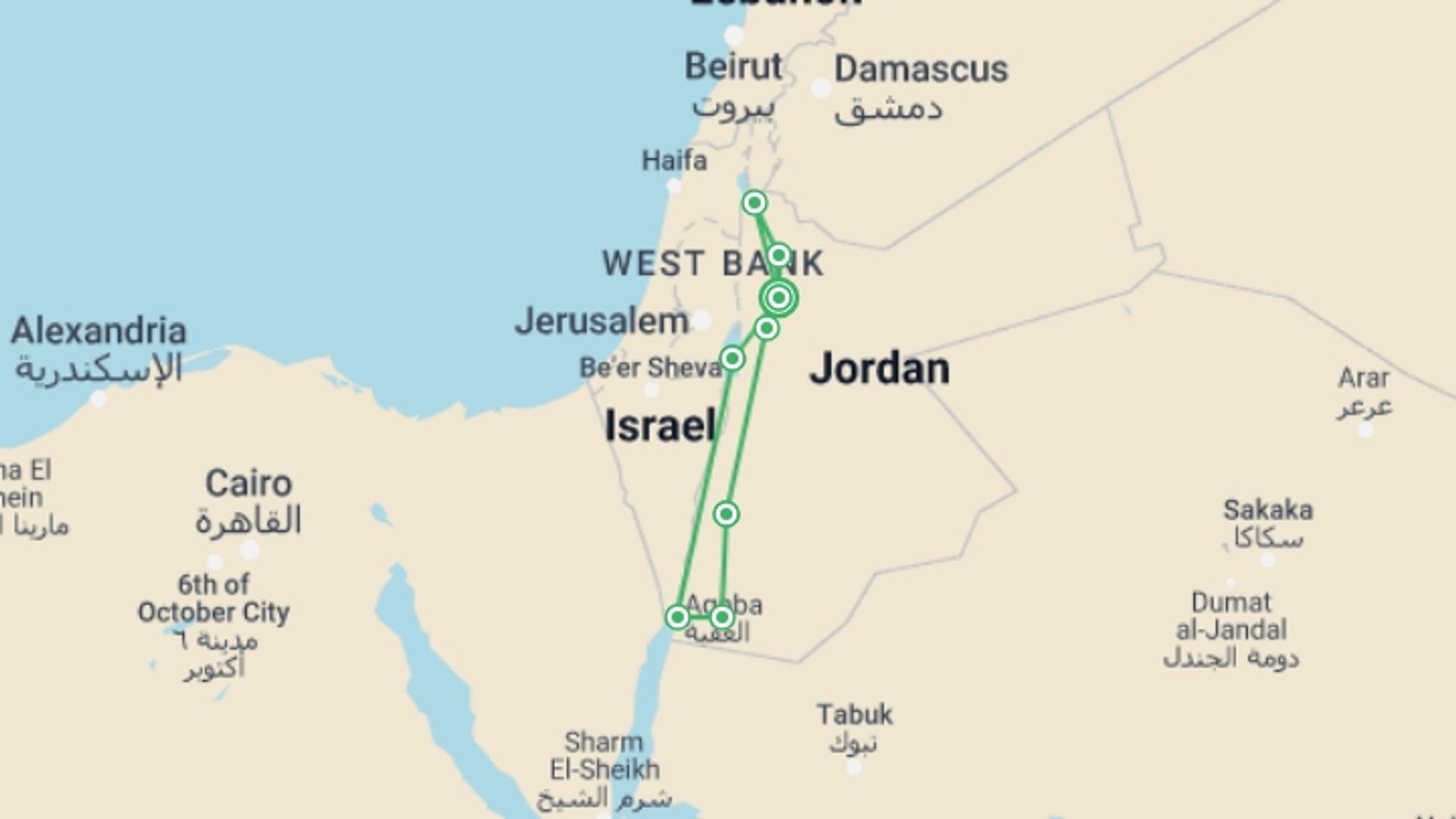 A map showing the tour itinerary for the trip: Lawrence's Arabia  - 9 Days, starting in Amman, Jordan and ending in Amman, Jordan going through 3 other destinations.